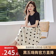 熙世界（sllsky）假兩件波點(diǎn)連衣裙2025秋季新款流行氣質(zhì)短袖圓領(lǐng)拼接裙子女裝 杏底黑色波點(diǎn) XL