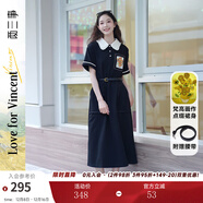 兩三事梵高文藝 梵花遺夢(mèng) 2025夏季新款印花布拼接撞色翻領(lǐng)連衣裙 黑色  S