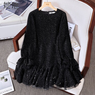 她池圓領(lǐng)連衣裙2026春裝新款女裝優(yōu)雅氣質(zhì)亮片網(wǎng)紗拼接長(cháng)袖短裙 黑色 S