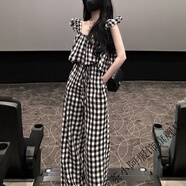 茶小阿黑白格子連體褲女2025新款韓系時(shí)尚闊腿連身褲棋盤(pán)格連體套裝 圖片色 S