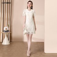 歐迪鳥(niǎo)娃娃領(lǐng)蕾絲連衣裙女2025夏季新款小個(gè)子鏤空繡花遮肉顯瘦裙子 白色 M