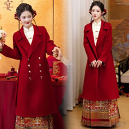 溫萊蔓莎紅色大衣女秋冬高級感小個(gè)子結婚胖mm新娘結婚訂婚夾棉呢子大衣 紅色上衣+襯衫+馬面裙三件套現貨 S 建議80-95斤