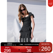 三彩獨醒2025春季新款波點(diǎn)雪紡連衣裙法式方領(lǐng)飛飛袖修身長(cháng)裙F