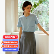 Olrain歐芮兒米白色短袖T恤夏季女裝簡(jiǎn)約寬松別致百搭上衣衣服 淺藍色 L