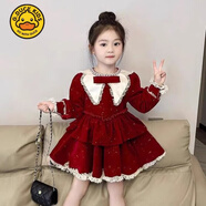 G.duck韓版童裝2025秋冬新款黑色閃閃絲絨連衣裙女童蕾絲邊加絨公主裙子 紅色【加絨】 100  建議身高90-95cm