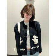 韓系牛角扣兔子繡花長(cháng)袖t恤2025春秋季新款穿搭慵懶外套開(kāi)衫上衣 黑色優(yōu)質(zhì)版 M M建議95-105斤