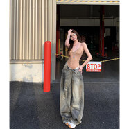 小紅書(shū)推薦YI潮牌美式臟臟廢土風(fēng)牛仔褲子小眾設計感寬松直筒修補 圖片色褲子 S