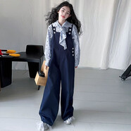 布戀貓女童背帶褲套裝4-13歲2025春秋兒童韓版波點(diǎn)蝴蝶結襯衫大童連衣褲 波點(diǎn)襯衫【單件】 120 cm