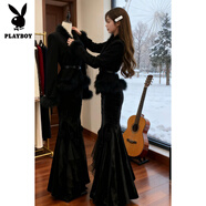 花花公子（PLAYBOY）千金穿搭套裝女秋冬巨好看赫本風(fēng)黑色毛毛外套半身裙兩件套 外套 XL 【顯瘦遮肚/洋氣網(wǎng)紅女神范/鹽系炸街/微胖穿搭