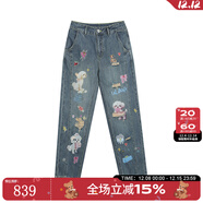 拉拉波波【商場(chǎng)同款】LALABOBO牛仔褲25年夏新款原創(chuàng  )印花顯瘦直筒通勤褲子 中藍白 29