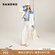 SANDRO秋冬女裝法式舒適撞色拼接牛仔襯衫翻領(lǐng)長(cháng)袖直筒短款外套 淡褐色（偏米白） L (3)