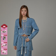 CHUU小香風(fēng)牛仔短外套女2025春季新品甜美軟萌單排扣毛邊長(cháng)袖上衣 牛仔藍 均碼