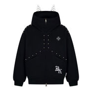 Feellonely潮牌高街鉚釘拼接連帽開(kāi)衫衛衣秋季款情侶設計感外套 黑色 M M