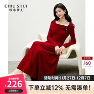 秋水伊人法式復古風(fēng)收腰連衣裙2025年冬季新款女簡(jiǎn)約珍珠扣針織裙 大紅 XL