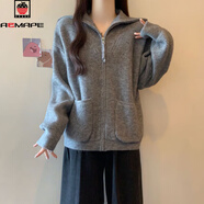 AEMAPE設計感灰色翻領(lǐng)拉鏈毛衣外套女2026秋冬新款寬松加厚開(kāi)衫針織衫女 灰色 L 101-110