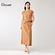Ditto/迪圖2025秋季新款短袖氣質(zhì)圓領(lǐng)上衣半身裙休閑時(shí)尚套裝 黃棕色 S