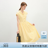 范思藍恩法式復古翻領(lǐng)短袖襯衫連衣裙女2025夏裝新款高腰A字裙子 黃色 M