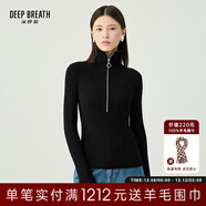 深呼吸DEEP BREATH女裝豎坑條拉鏈翻領(lǐng)修身純羊毛針織衫女A300996 黑 S (2碼)