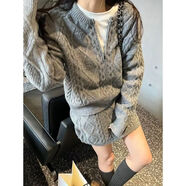 何佳功韓系穿搭一整套秋冬新款氣質(zhì)麻花針織毛衣拉鏈開(kāi)衫大碼半身裙 灰色兩件套 S