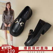 ZHR樂(lè )福鞋女軟底百搭圓頭小皮鞋子女英倫風(fēng)粗跟女鞋 OFTEP06 黑色 37