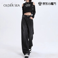 Rindu黑灰色高腰牛仔褲女秋季2025新款顯瘦寬松垂感闊腿褲女直筒褲子女 黑灰色 3XL 建議146-160斤