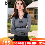 百圖betu女裝秋季新款毛針織衫拼色翻領(lǐng)甜美紐扣針織衫女2408T10 灰色 XS