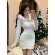右小姐圣誕紅色絕美麻花紋理毛領(lǐng)連帽針織連衣裙女秋冬季新款修身包臀裙 白色 【高質(zhì)量】 S 建議80-95斤