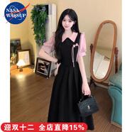 nasawassup初高中生夏季學(xué)院風(fēng)假兩件連衣裙女生甜美風(fēng)修身長(cháng)裙顯瘦減齡裙子 粉拼黑連衣裙 XL 120-140