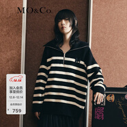 MO&Co.【美麗諾羊毛】 原創(chuàng  )LOGO條紋毛衣翻領(lǐng)上衣女拉鏈毛衣針織衫 黑白條色-第2批 S 160