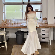 以歐（YIOU）M2025秋冬新款一字肩氣質(zhì)連衣裙女雪紡拼接修身包臀裙魚(yú)尾長(cháng)8746 杏色 S