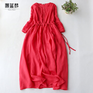 漫藍夢(mèng)棉麻長(cháng)袖連衣裙2025秋季法式風(fēng)琴褶苧麻紅裙子收腰抽繩棉亞麻長(cháng)裙 紅色 M 【建議95-115斤】