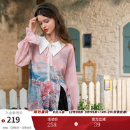 兩三事輕舞花揚 2025夏季新款拼色翻領(lǐng)印花開(kāi)叉下擺雪紡衫女寬松 粉花色 S