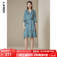 藍地新款孔雀藍印花七分袖碎花連衣裙女高腰a字中長(cháng)裙春夏 孔雀藍 S