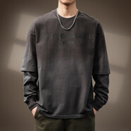 AEMAPE高端美式覆古假兩件漸層T恤男春秋新款潮牌水洗街頭休閑長(cháng)袖T恤 深灰色 S 適合90-115斤