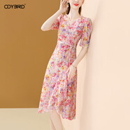 歐迪鳥(niǎo)時(shí)尚真絲印花連衣裙女夏季2025新款氣質(zhì)v領(lǐng)優(yōu)雅桑蠶絲碎花裙 花色18025 S