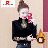 皮爾卡丹（pierre cardin）金絲絨打底衫女裝秋冬2025新款加絨加厚高領(lǐng)長(cháng)袖T恤網(wǎng)紗繡花上衣 黑色加絨 2XL