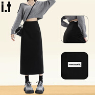 :CHOCOOLATE  it女裝毛呢半身中長(cháng)裙女冬季新款高腰a字包臀裙開(kāi)叉直筒一步裙 黑色 XL