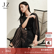 玖姿·安娜蔻優(yōu)雅浪漫壓褶竹節肌理收腰連衣裙蛋糕裙女2025春季新款 素黑 2XL