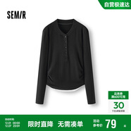 森馬（Semir）長(cháng)袖T恤女短款發(fā)熱抓絨假兩件2025冬亨利領(lǐng)緊身衣服109725101003