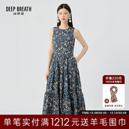 深呼吸DEEP BREATH女裝無(wú)袖收腰長(cháng)裙印花背心蛋糕裙連衣裙A500458 藍底黃花 L (4)