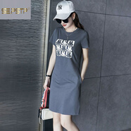 夏典素訂女王（SE.PSTP）歐美休閑連衣裙女2025新款夏季印花遮肚子有口袋顯瘦小個(gè)子t恤裙 藍灰色 S 90-100斤