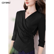 歐迪鳥(niǎo)（ODYBIRD）設計感褶皺不規則針織衫女2025秋季新款洋氣交叉上衣 黑色 S