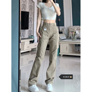 大碼卡其色高腰直筒工裝牛仔褲女春夏歐美高街vibe闊腿褲子ins潮 卡其色 3XL [建議155-175斤]