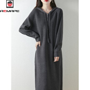 AEMAPE針織連衣裙秋冬新款超好看連帽中長(cháng)款毛衣裙保暖寬松長(cháng)袖過(guò)年裙子 灰色 XL 建議120-135斤