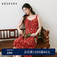 詩(shī)凡黎（'SEIFINI）詩(shī)凡黎法式紅色碎花小上衣25夏新款浪漫V領(lǐng)抽繩連衣裙魚(yú)尾半身裙 紅色連衣裙 M
