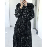 韓國代購2024秋季新款法式寬松復古百褶長(cháng)裙子長(cháng)袖波點(diǎn)氣質(zhì)連衣裙 黑色 S S