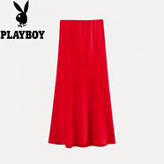 花花公子女裝2025年秋歐美A字高腰中長(cháng)裙絲緞面質(zhì)感迷笛半身裙 紅色 M