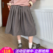歐貝汐【新品】2026冬季少女休閑裙上新條紋裙加絨時(shí)尚抽繩壓褶半身裙 灰色 均碼