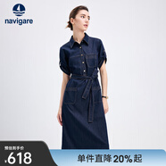 Navigare意大利小帆船女士短袖牛仔連衣裙25夏季新品純棉襯衫裙百搭長(cháng)裙子 海軍藍 M