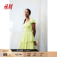 H&M女裝連衣裙秋季分層裙擺縮褶方領(lǐng)泡泡袖公主裙1219988 黃色/花卉 160/88